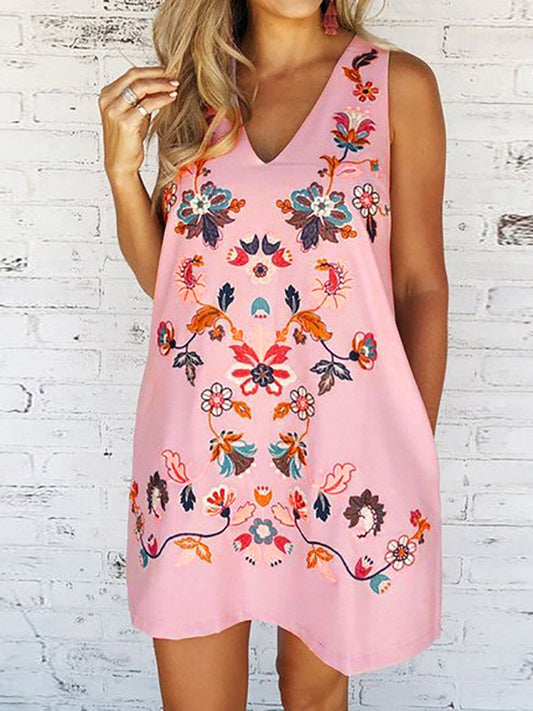 Floral Print  Women Fashion V-neck Sleeveless Casual Loose Summer  Loose A-line Party Dress