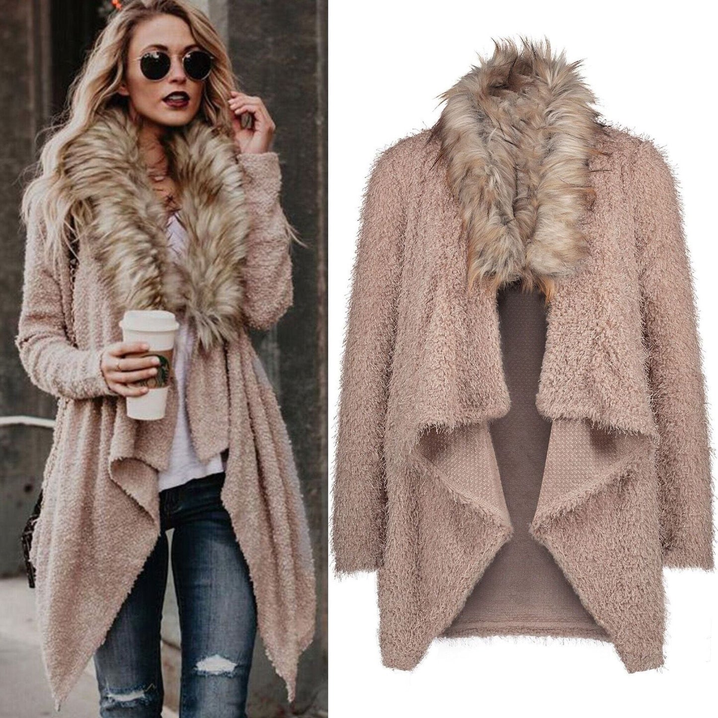 Open Front Faux Fur Collar Cardigan Coat