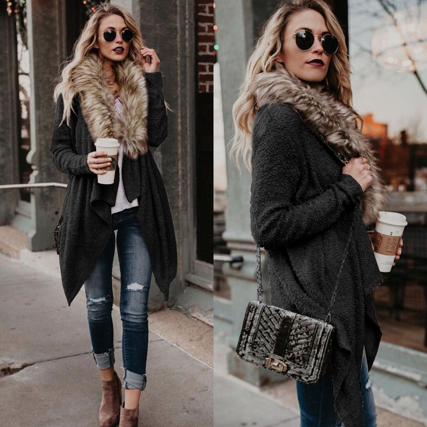 Open Front Faux Fur Collar Cardigan Coat