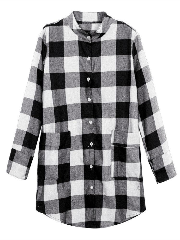 Women Long Sleeve Boyfriend Scottish Plaid Pockets Button Blouses