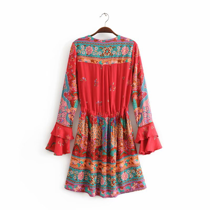 Boho Red Floral Print Flare Sleeve Mini Dress