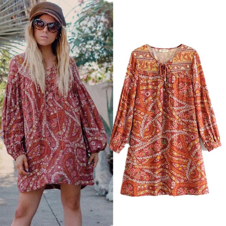 Retro Boho Lace Up V-Neck Floral Print Mini Dress