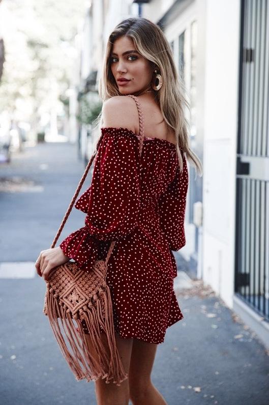 Off Shoulder Casual Sweet A-Line Polka Dots Women Mini Dress