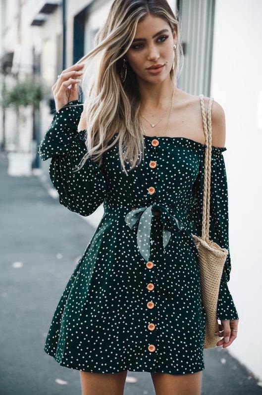 Off Shoulder Casual Sweet A-Line Polka Dots Women Mini Dress