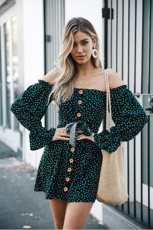 Off Shoulder Casual Sweet A-Line Polka Dots Women Mini Dress