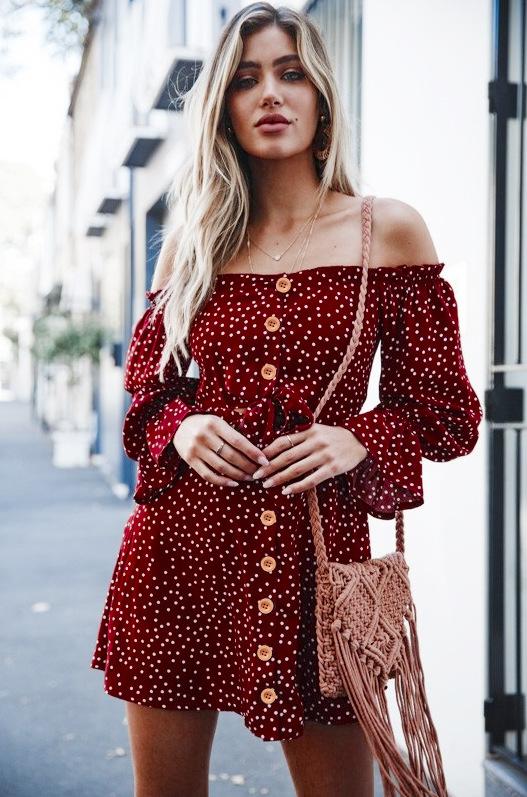 Off Shoulder Casual Sweet A-Line Polka Dots Women Mini Dress