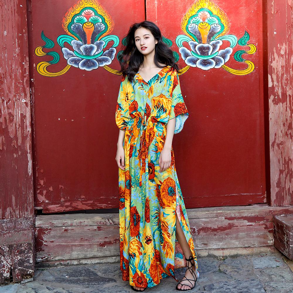 Boho Batwing Sleeves Sunflower Printed Maxi Dress