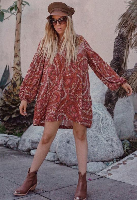 Retro Boho Lace Up V-Neck Floral Print Mini Dress