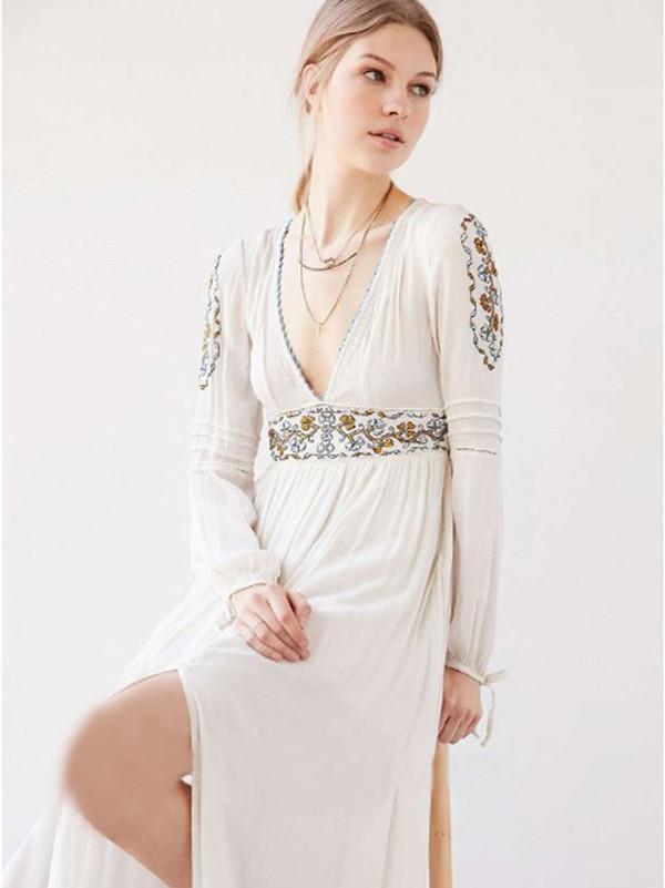 Bohemia Inwrought Long Sleeve V Neck Side Split Beach Long Dress