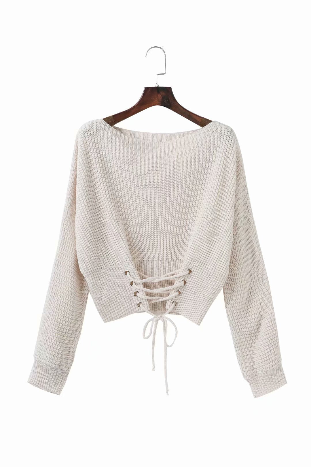 Solid Color Lace Up Pullover Sweater