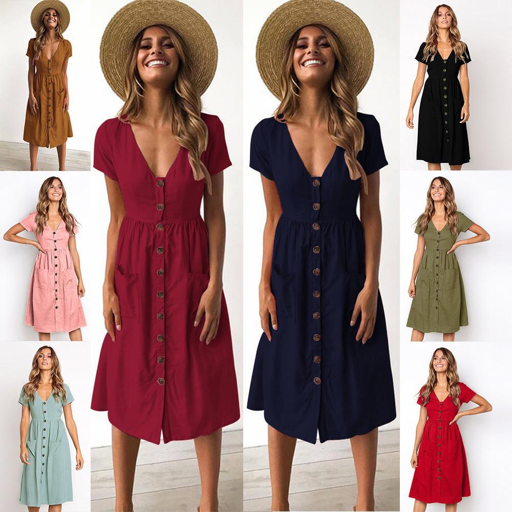 Summer Solid Color Short Sleeve Button Midi Dress