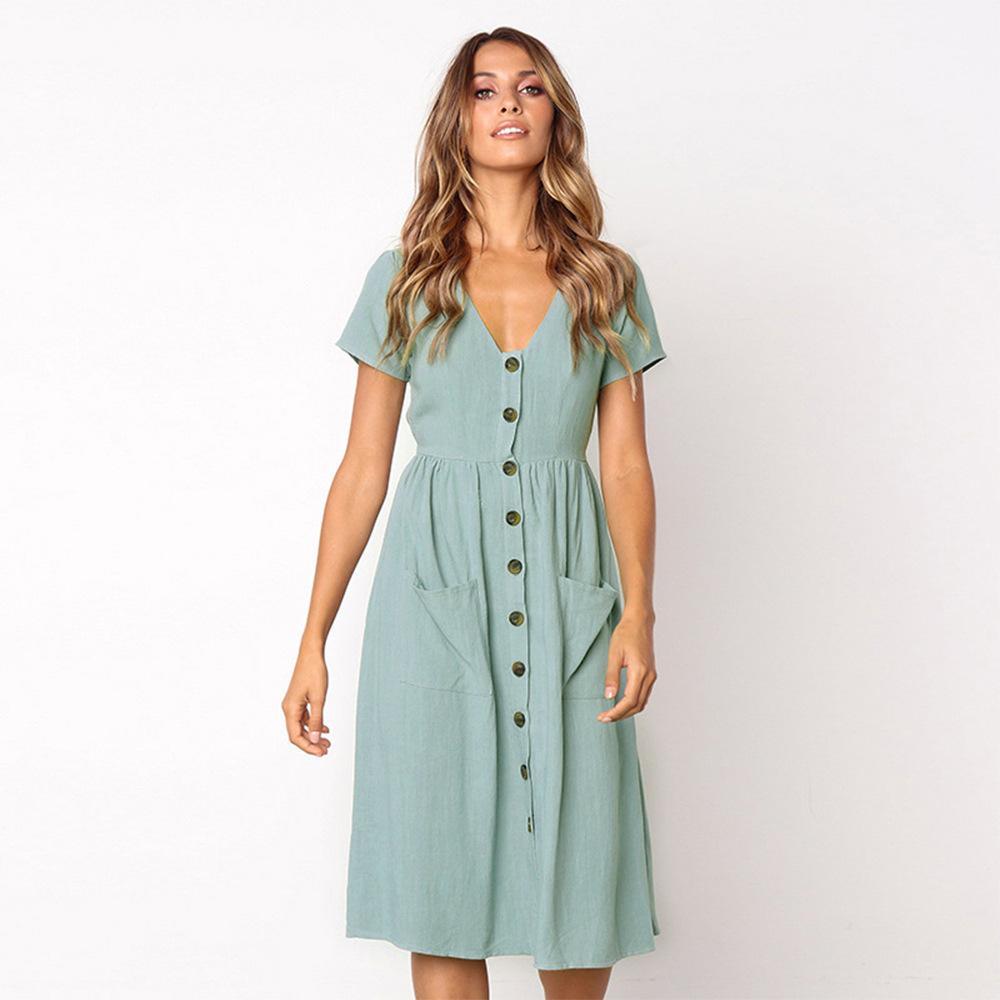 Summer Solid Color Short Sleeve Button Midi Dress