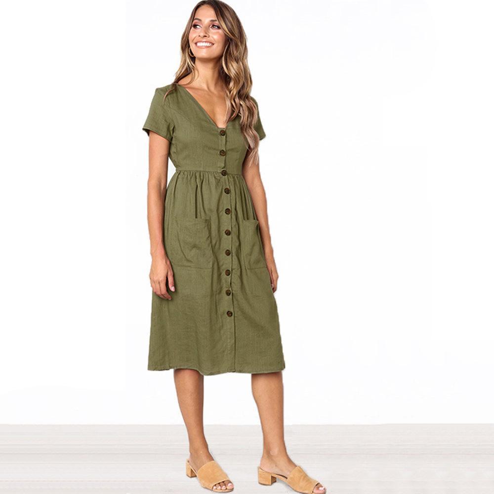 Summer Solid Color Short Sleeve Button Midi Dress