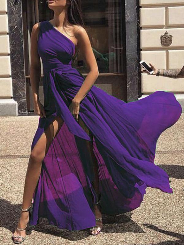 SEXY CHIFFON ONE SHOULDER SOLID COLOR MAXI DRESS