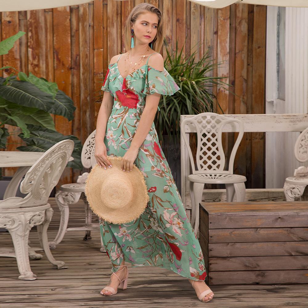 Casual Floral Chiffon Short Sleeve Slip Maxi Dress