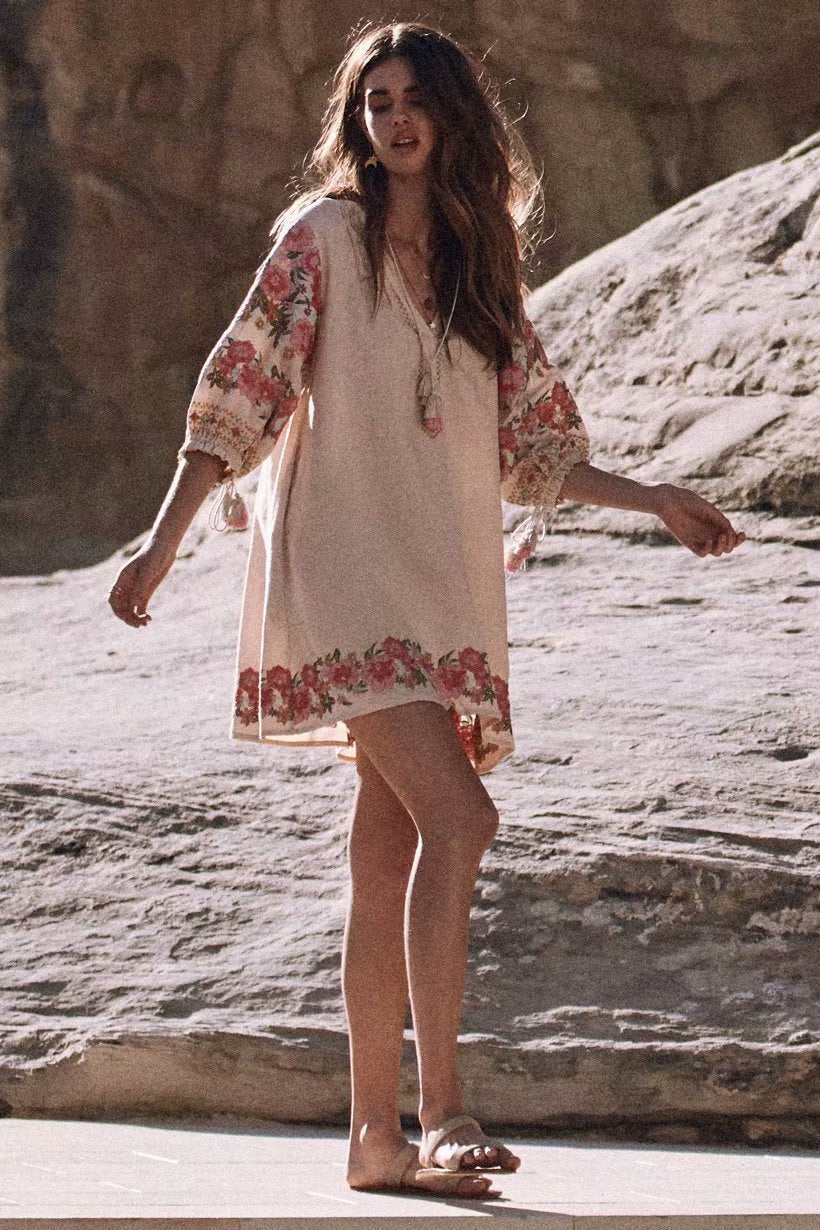 Floral Embroidery V-neck Tassel Puff Sleeves Boho Mini Dress