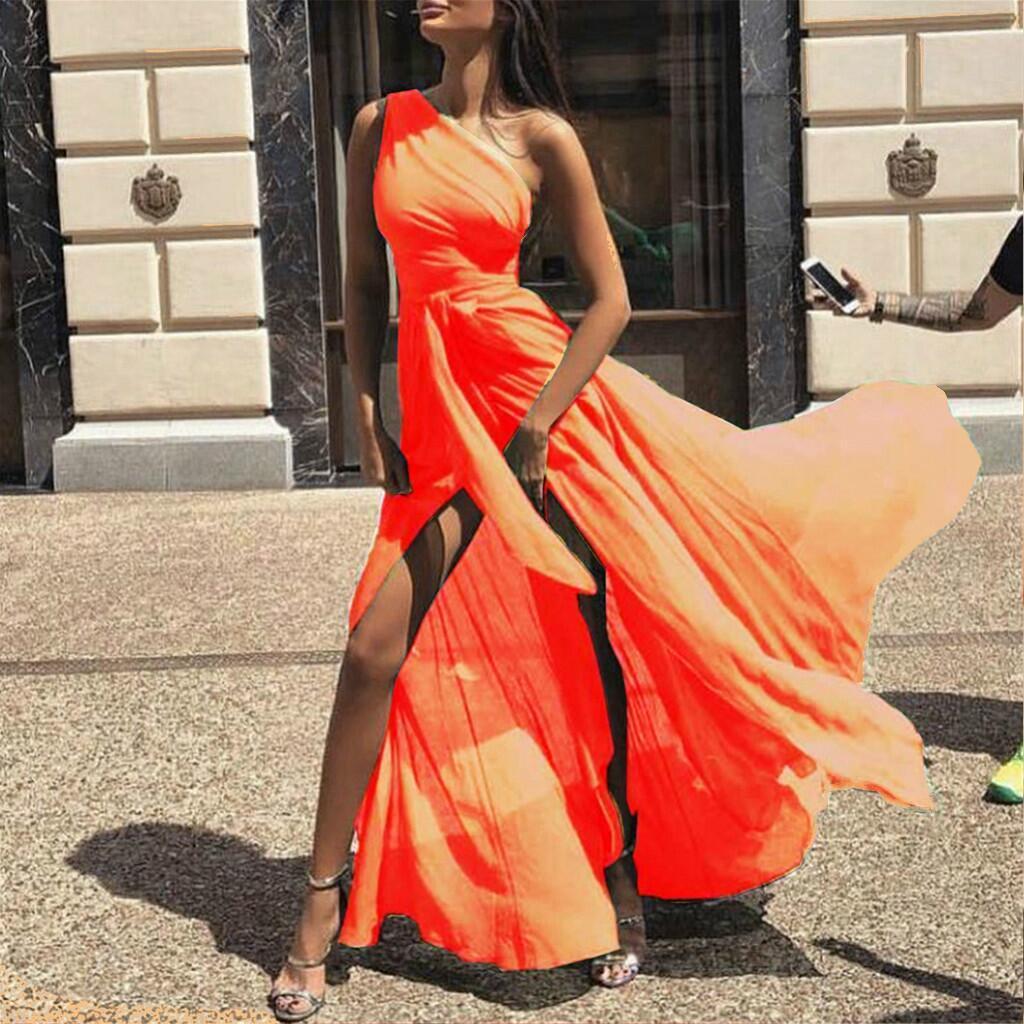 SEXY CHIFFON ONE SHOULDER SOLID COLOR MAXI DRESS