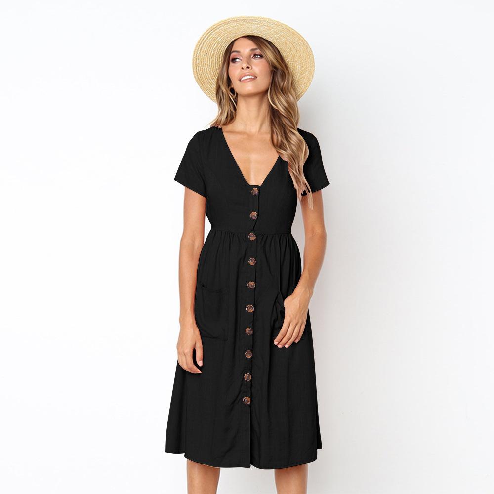 Summer Solid Color Short Sleeve Button Midi Dress