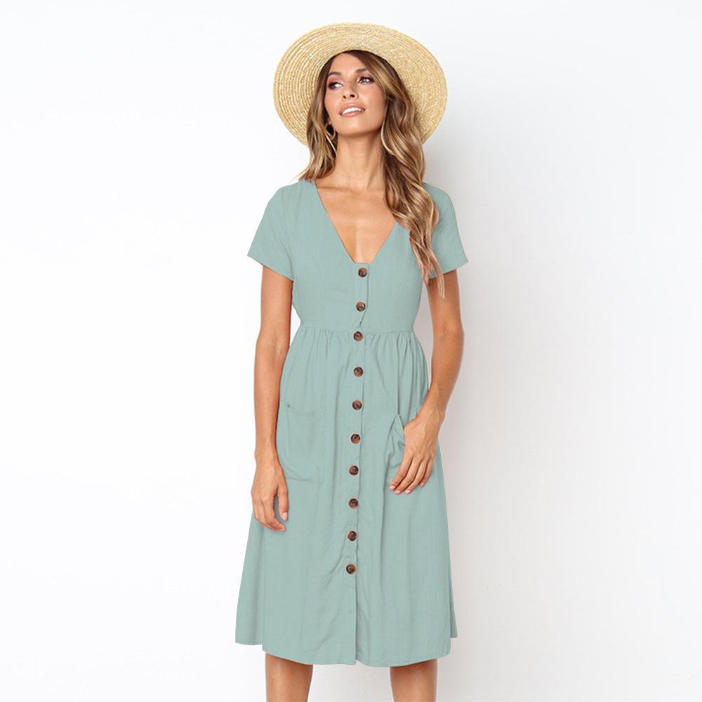 Summer Solid Color Short Sleeve Button Midi Dress