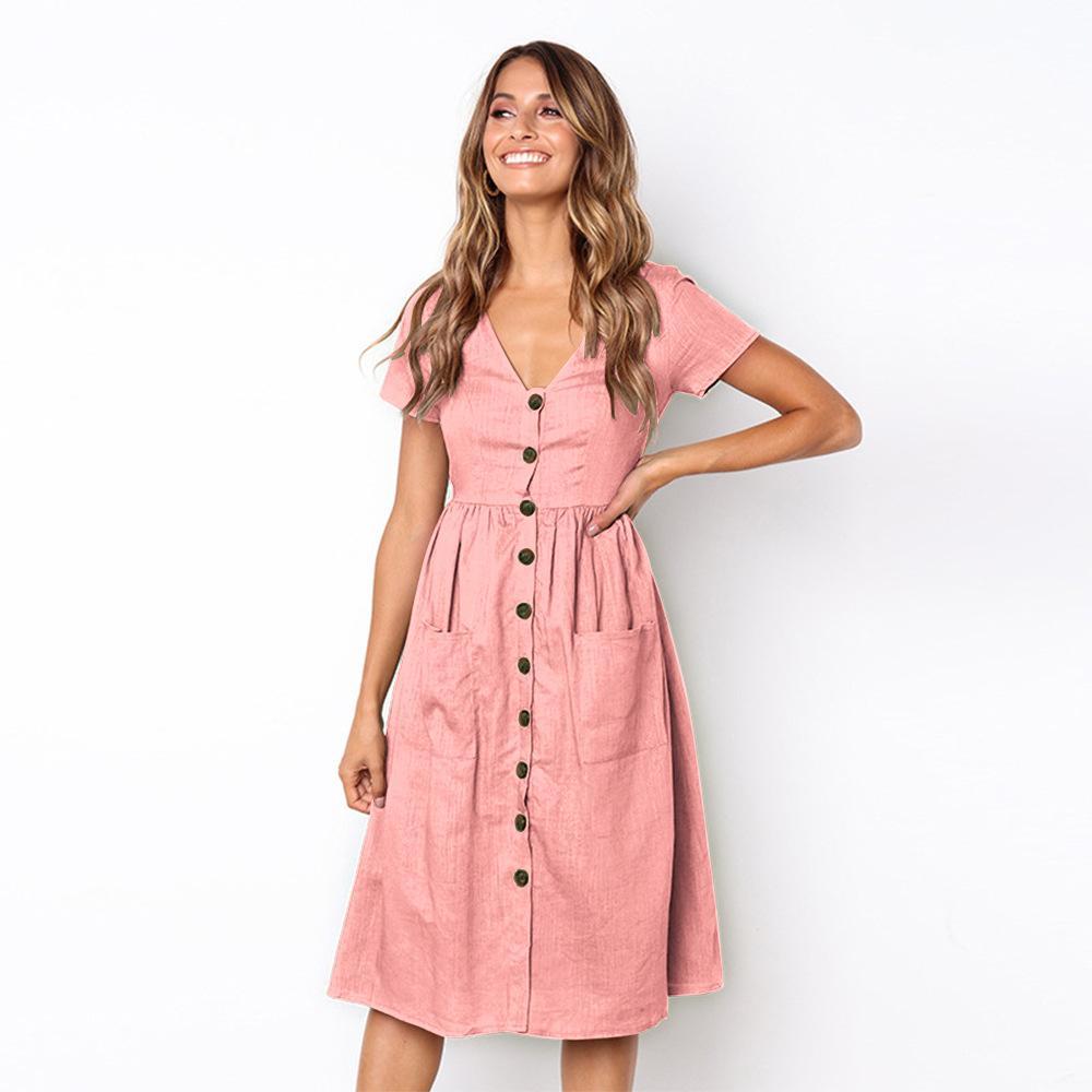 Summer Solid Color Short Sleeve Button Midi Dress