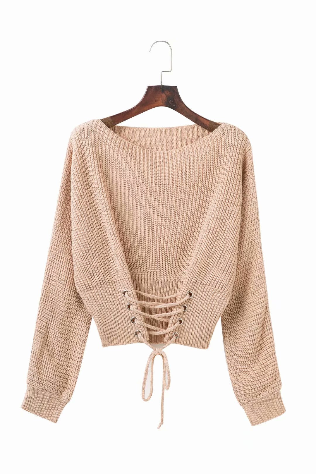 Solid Color Lace Up Pullover Sweater