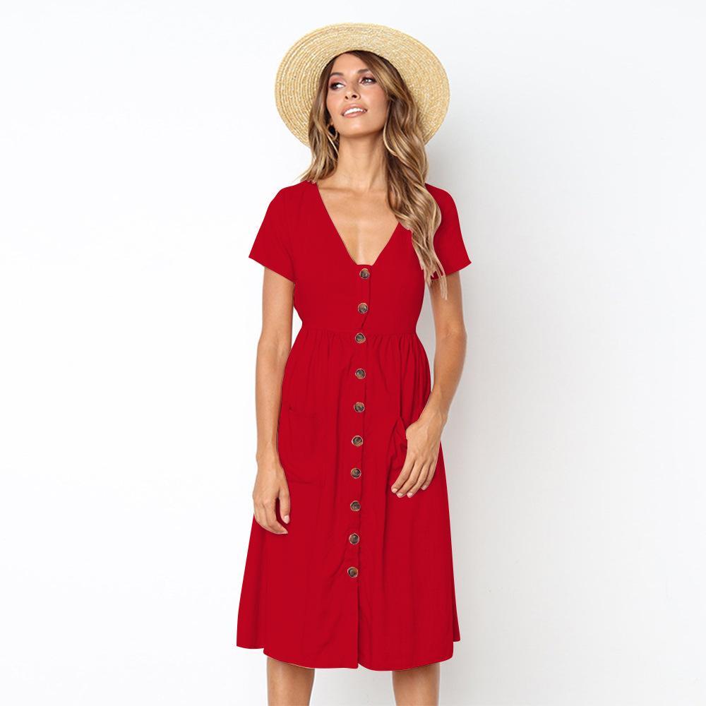 Summer Solid Color Short Sleeve Button Midi Dress