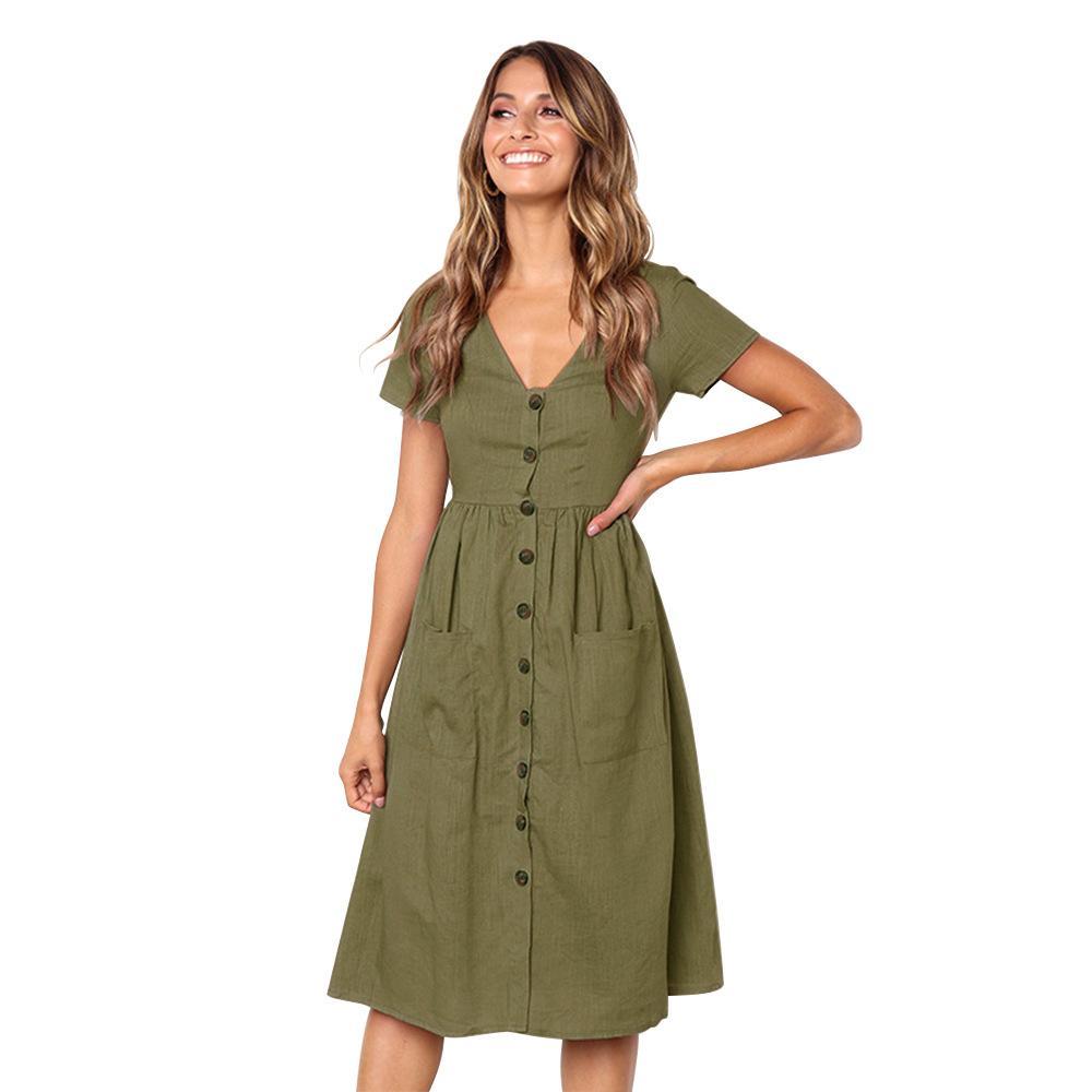 Summer Solid Color Short Sleeve Button Midi Dress