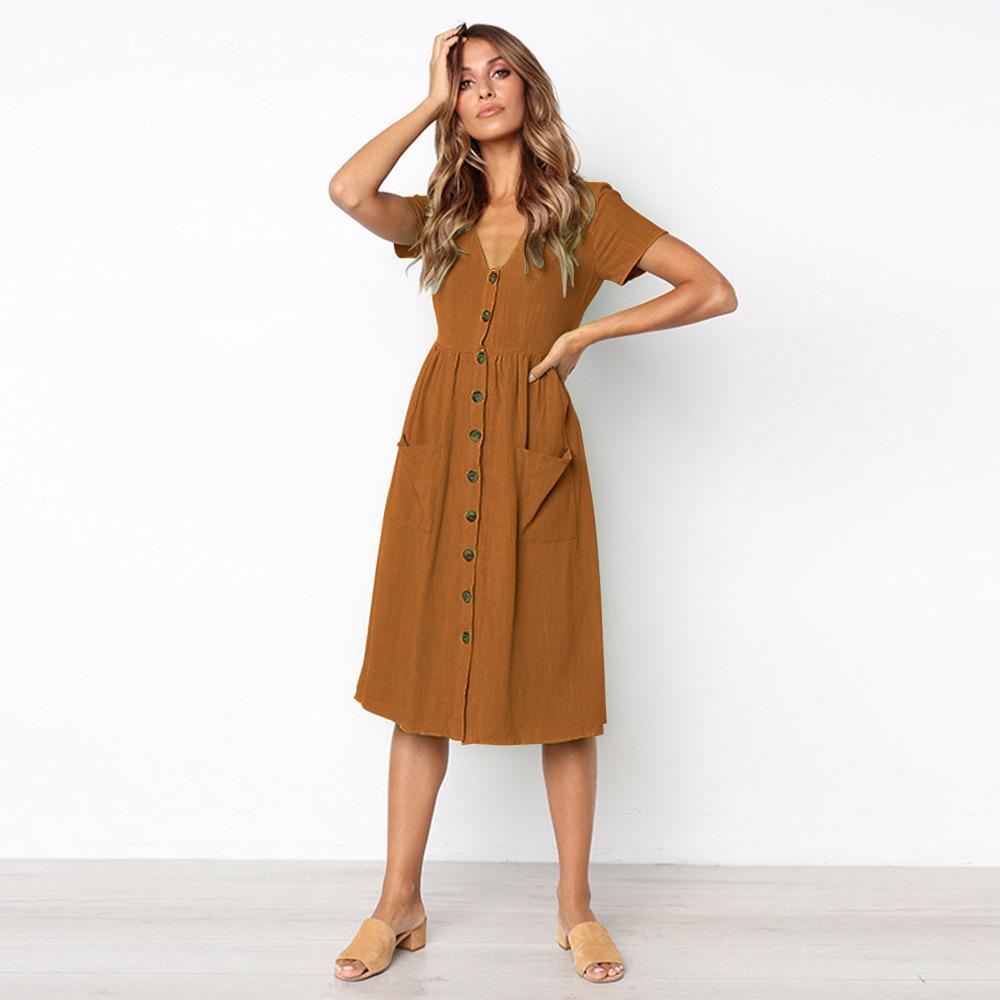 Summer Solid Color Short Sleeve Button Midi Dress