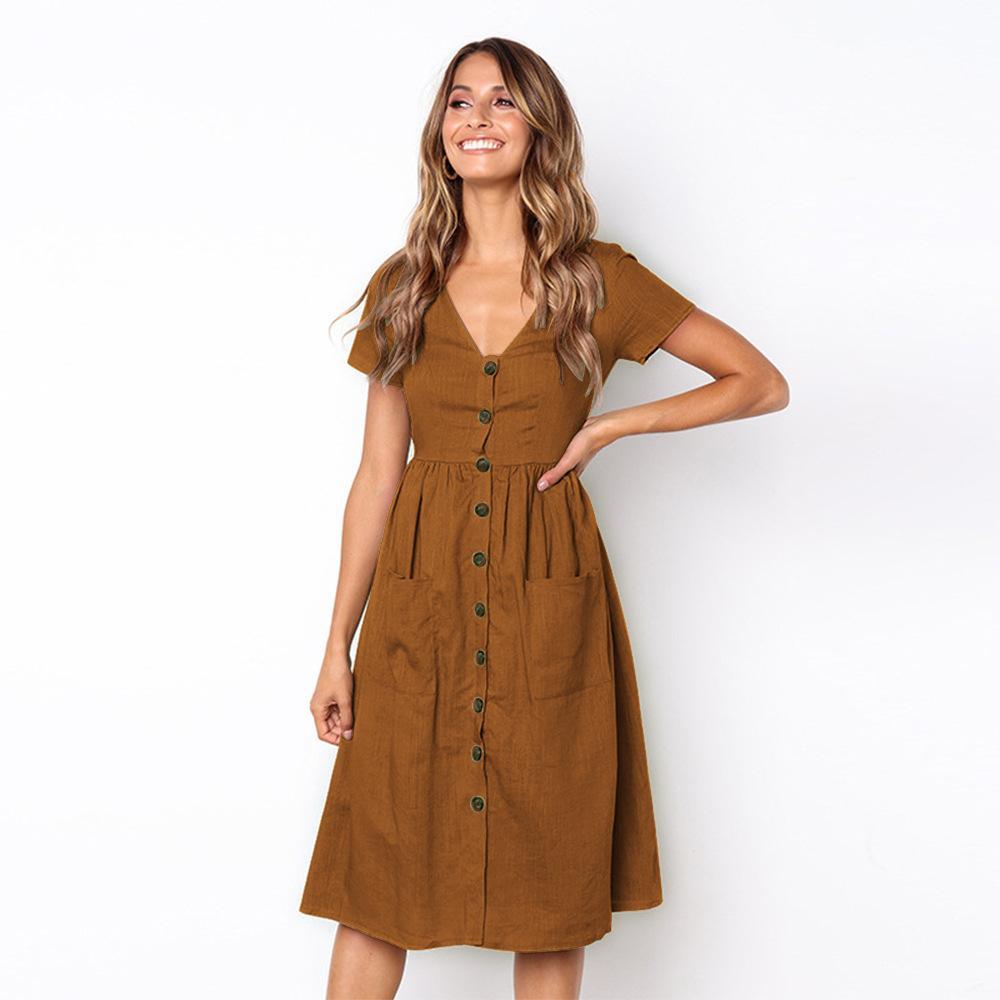 Summer Solid Color Short Sleeve Button Midi Dress