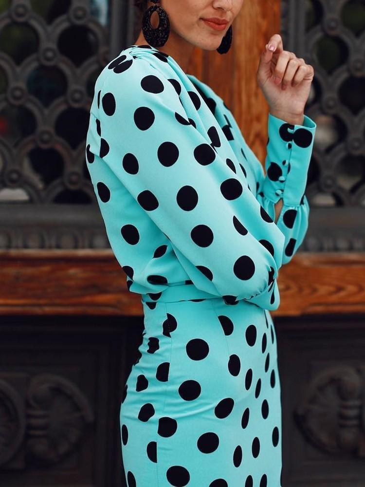 Sexy Deep V-neck Long Sleeve Polka Midi Dress