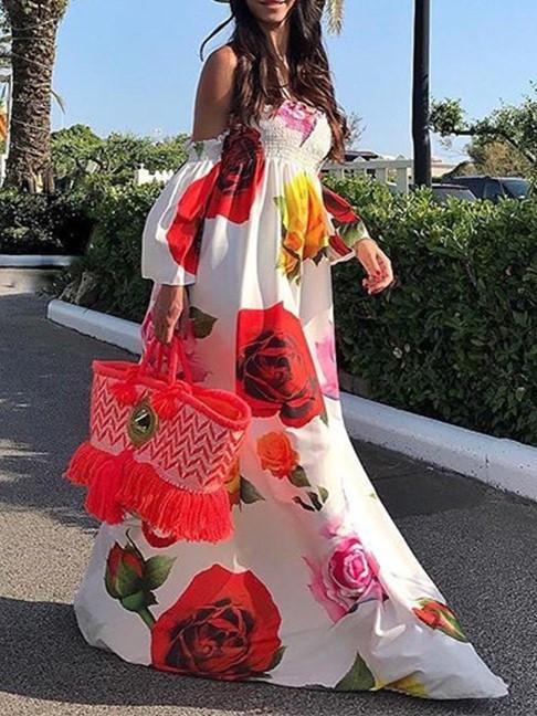 White Rose Floral Strapless Off Shoulder Sleeve Big Hem Long Dress