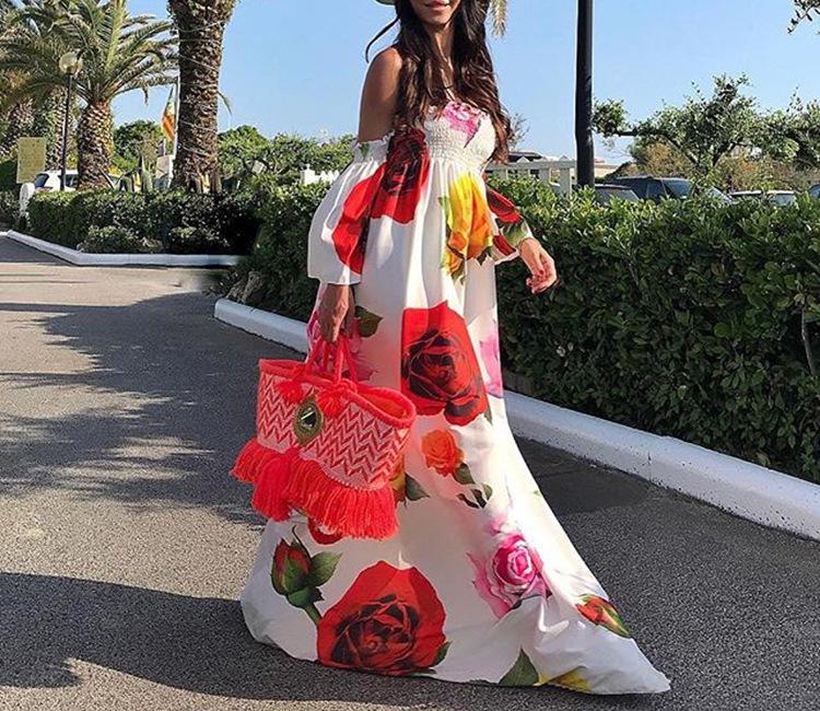 White Rose Floral Strapless Off Shoulder Sleeve Big Hem Long Dress