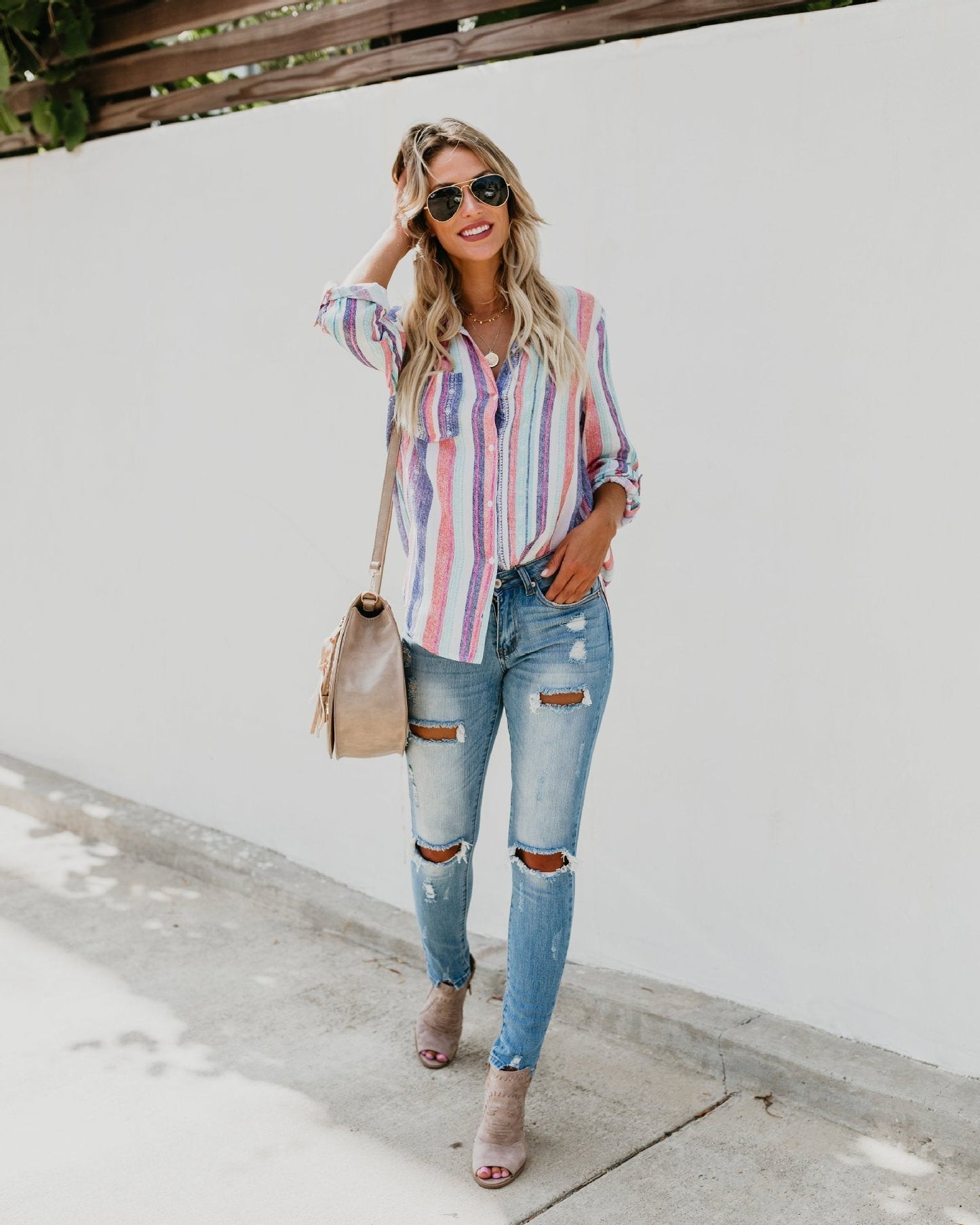 Fashion Colorful Striped Plus Size Long Sleeve Shirt