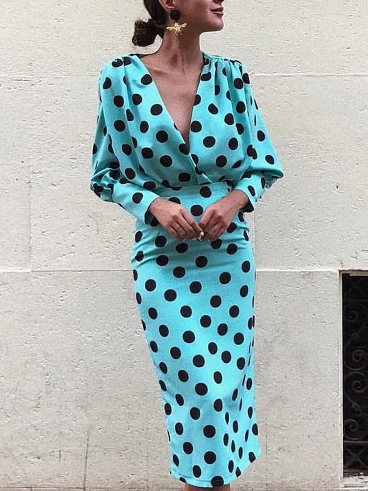 Sexy Deep V-neck Long Sleeve Polka Midi Dress