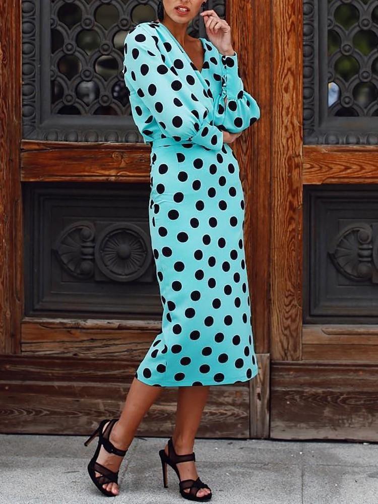 Sexy Deep V-neck Long Sleeve Polka Midi Dress