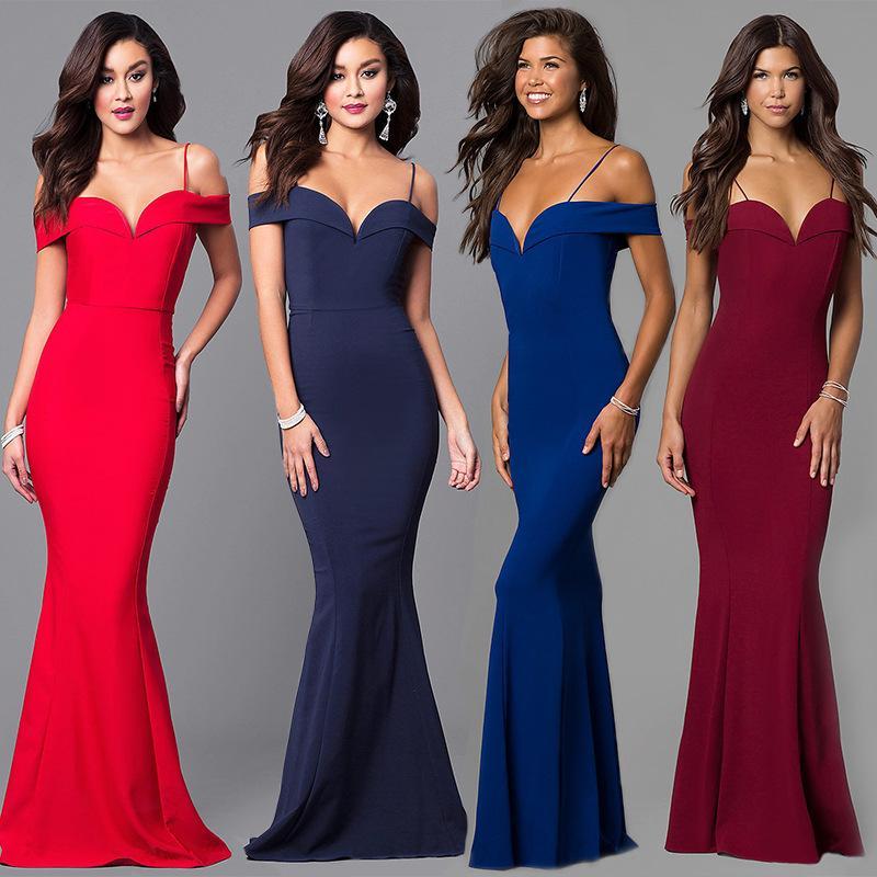 Off Shoulder Solid Color Bodycon Evening Party Maxi Dress