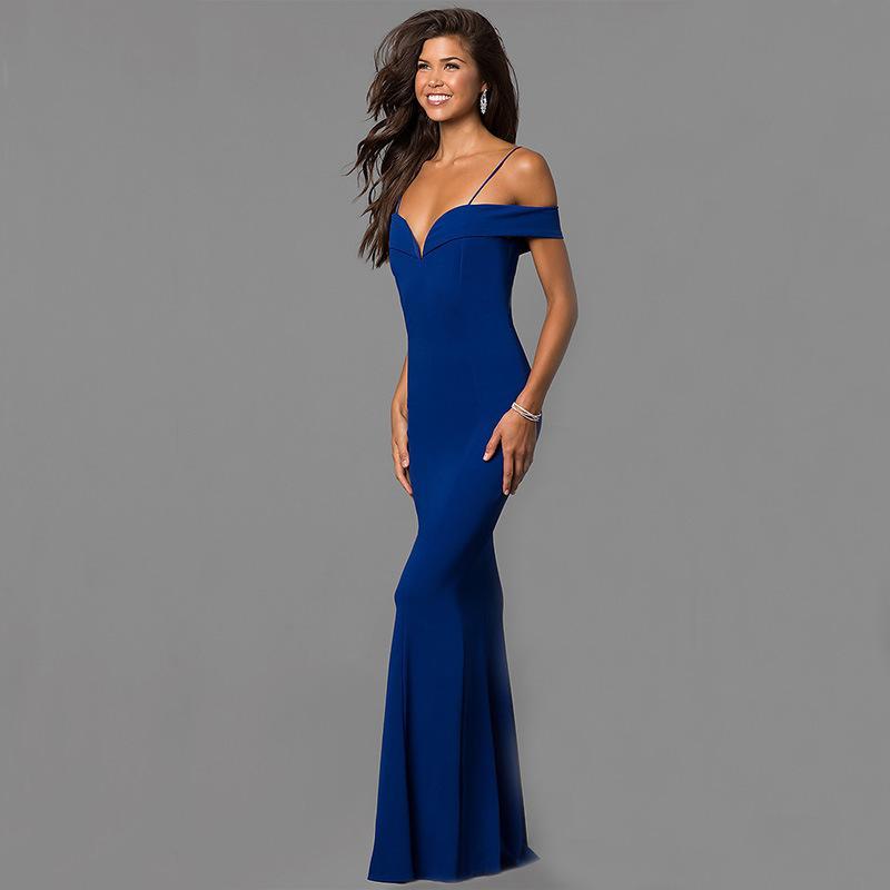 Off Shoulder Solid Color Bodycon Evening Party Maxi Dress