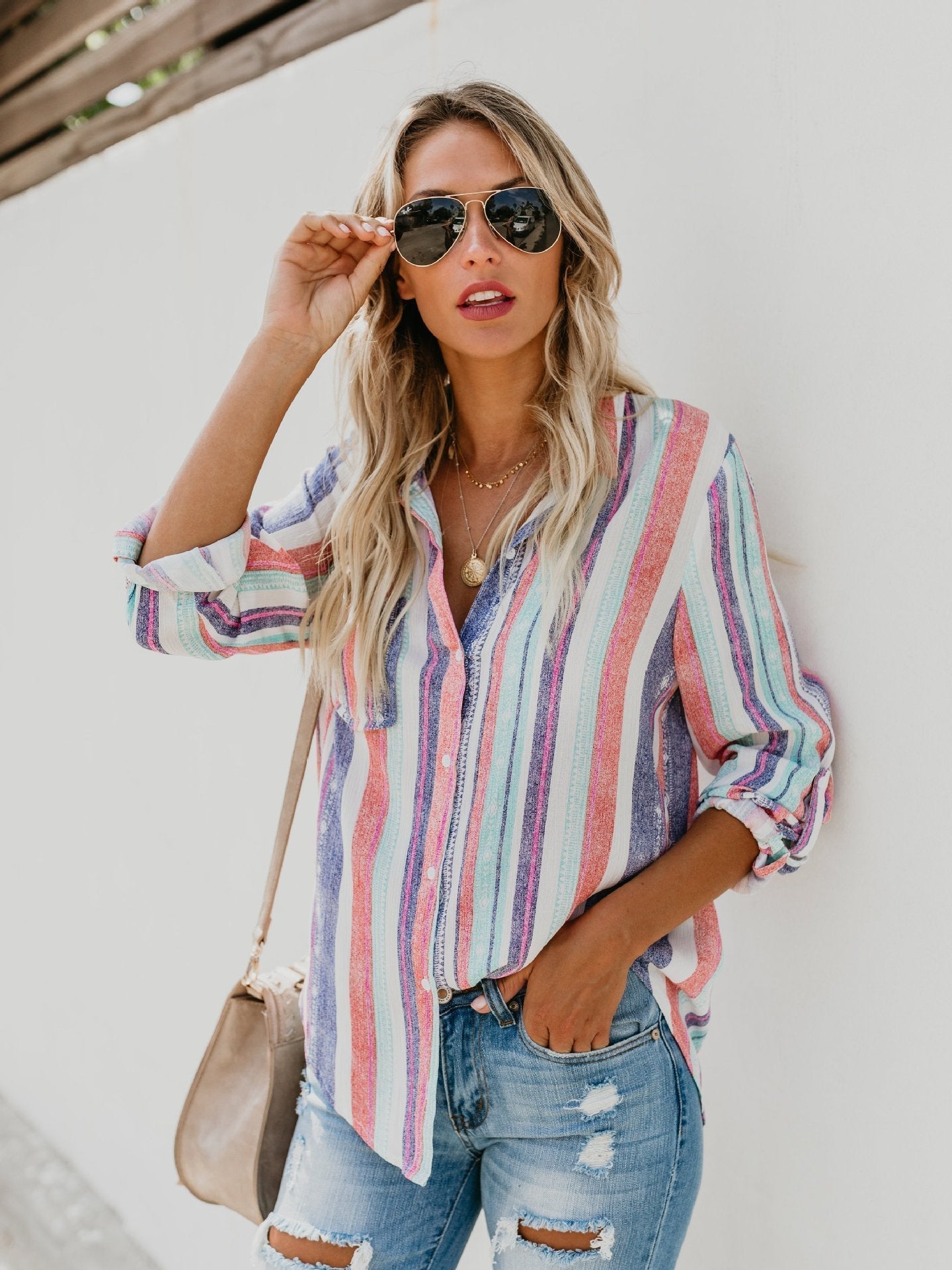 Fashion Colorful Striped Plus Size Long Sleeve Shirt