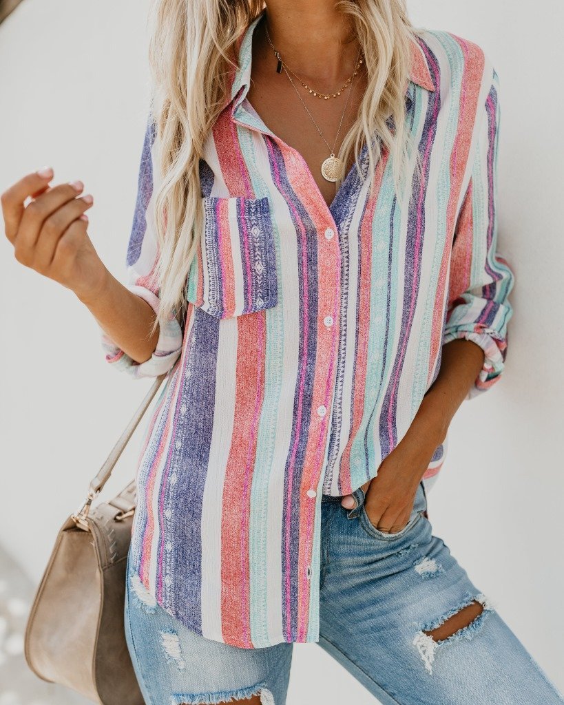 Fashion Colorful Striped Plus Size Long Sleeve Shirt