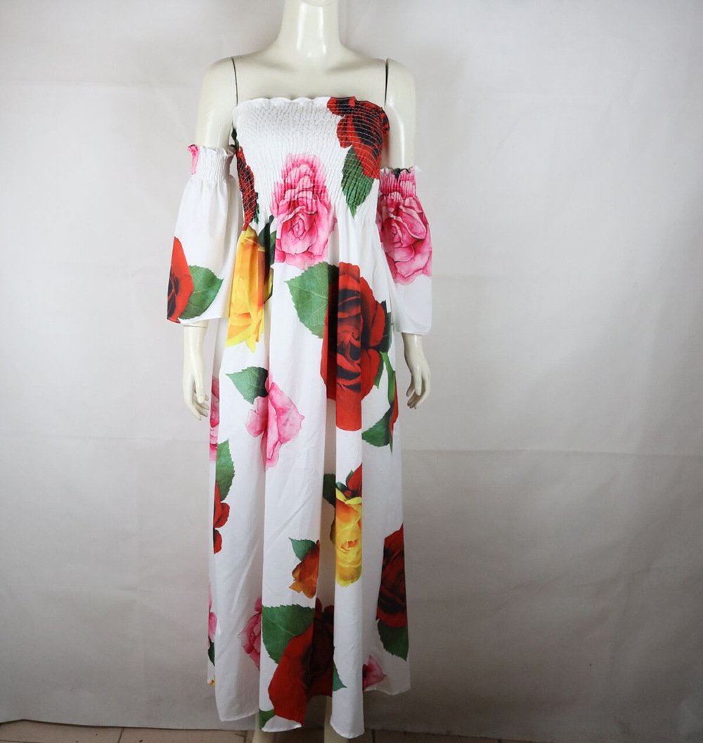 White Rose Floral Strapless Off Shoulder Sleeve Big Hem Long Dress