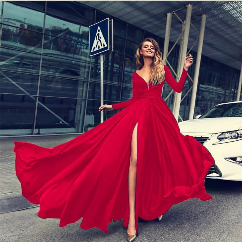 V Neck Long Sleeve Split Party Evening Maxi Dress