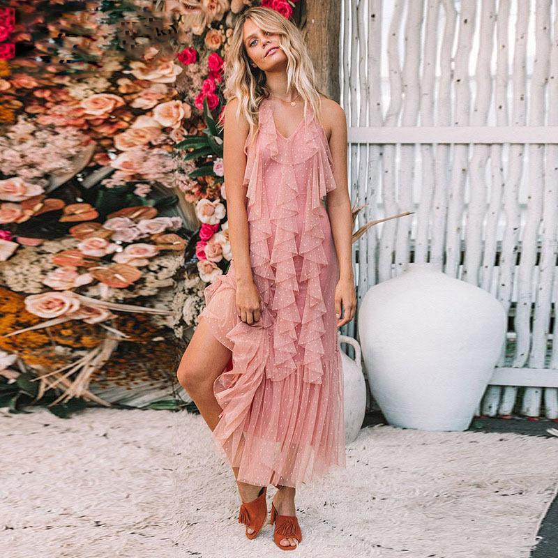 Boho Mesh Pink Ruffles 2 Pieces Sets Dress