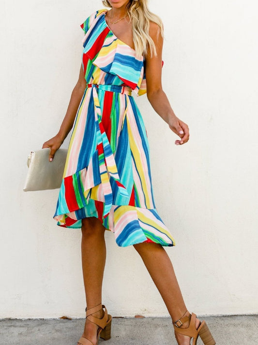 Sloping Shoulder Strapless Lace-Up Irregular Rainbow Striped Dress