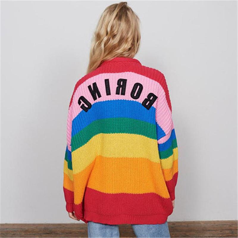 Colorful Rainbow Striped Long Sleeve Button Cardigan Sweater