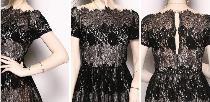 Black Lace Word Collar Party Evening Flat Shoulder Dress