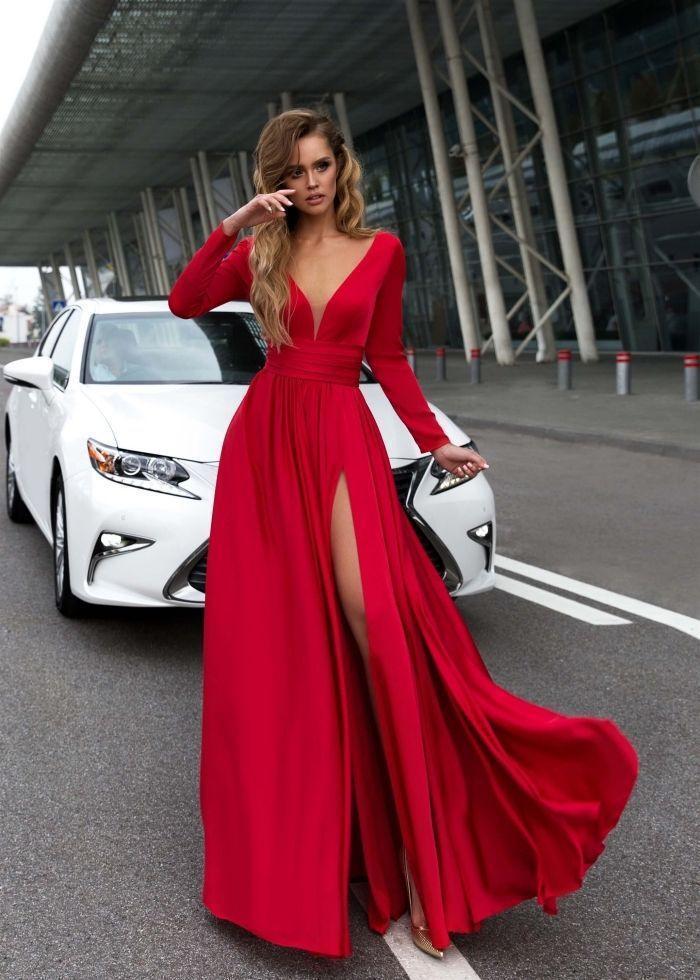 V Neck Long Sleeve Split Party Evening Maxi Dress