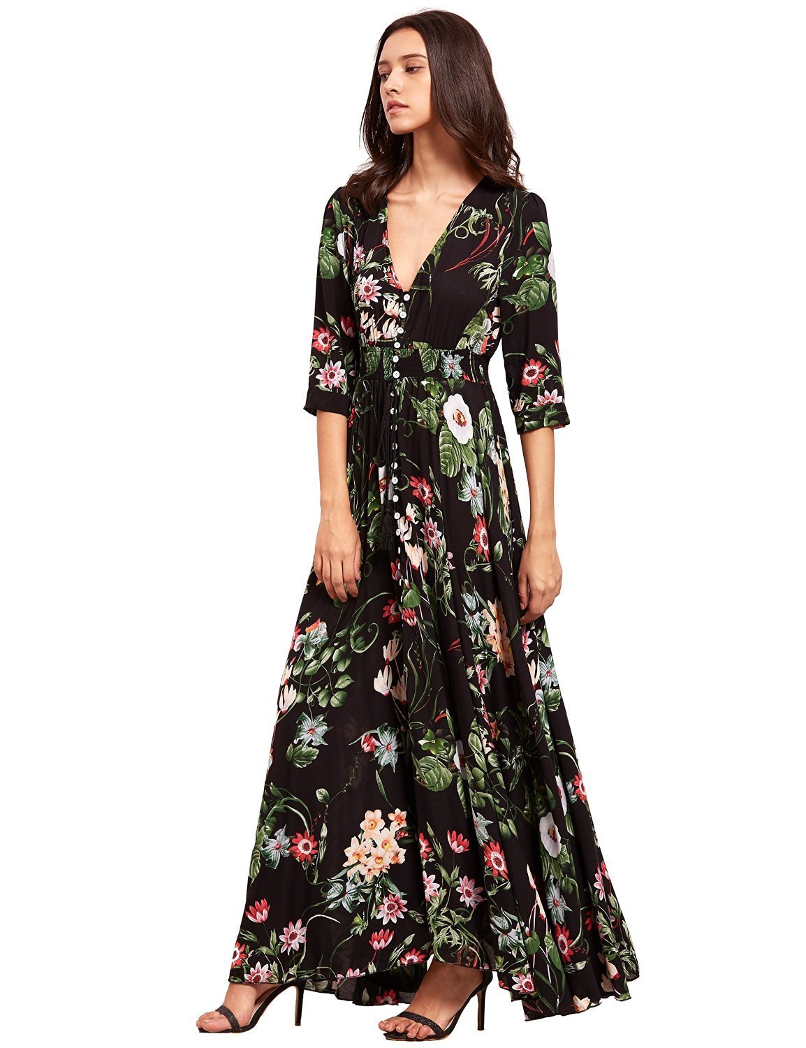 Button Up Split Floral Print Party Dress