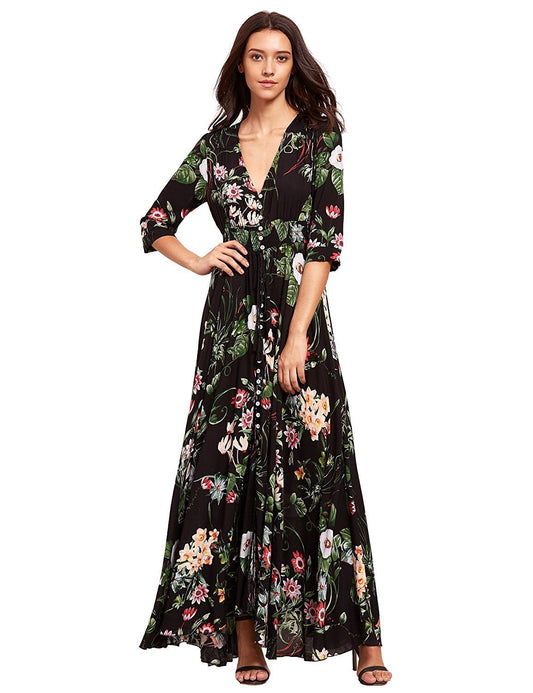 Button Up Split Floral Print Party Dress