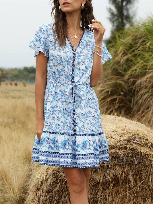 Spring and Summer New Beach Skirt V-Neck Short Sleeve Bohemian Dress