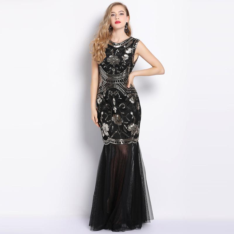 Summer New High-End Luxury Ladies Sleeveless Sequins Beaded Maxi Dress